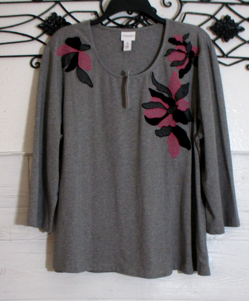 Chico\'s Women\'s Knit Top Size 3 US XL Long Sleeve Gray Floral Round Neck