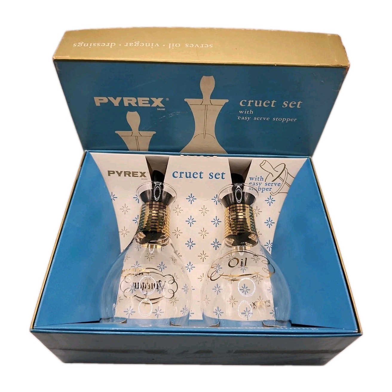 New Pyrex Cruet Set With Easy Serve Stopper 14K Gold Band NIB