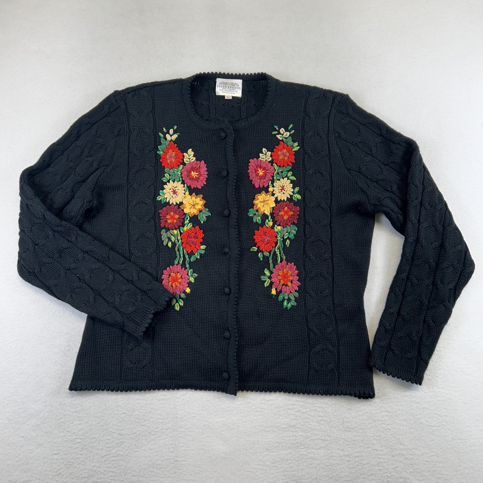 Vintage Susan Bristol Cardigan Sweater Womens L Black Embroidered Floral 90s