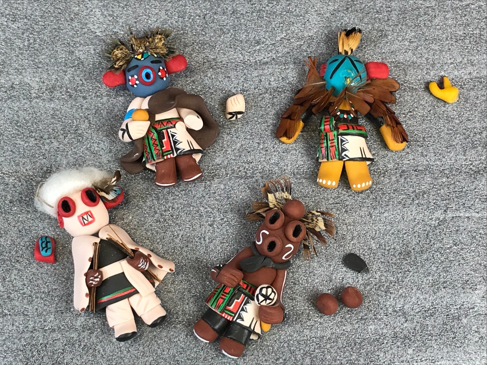 4 JEMEZ Clay Kachina Hopi EAGLE AHOTE MUDHEAD Ornaments Signed Elsie '95 AS-IS 4 JEMEZ Clay Kachina Hopi EAGLE AHOTE MUDHEAD Ornaments Signed Elsie '95 AS-IS