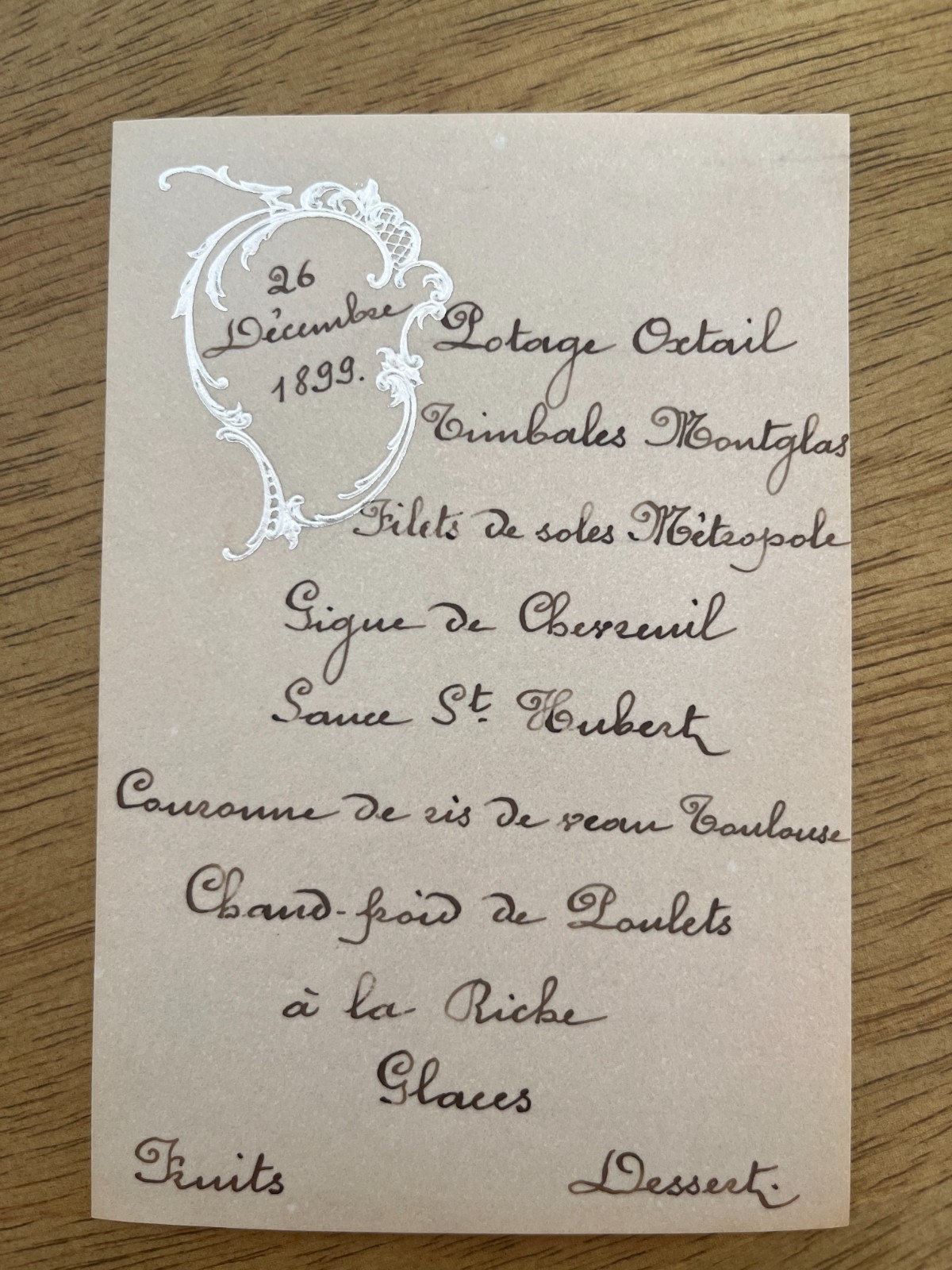 Antique 1899 French Handwritten Holiday Menu, Dec. 26 - great condition