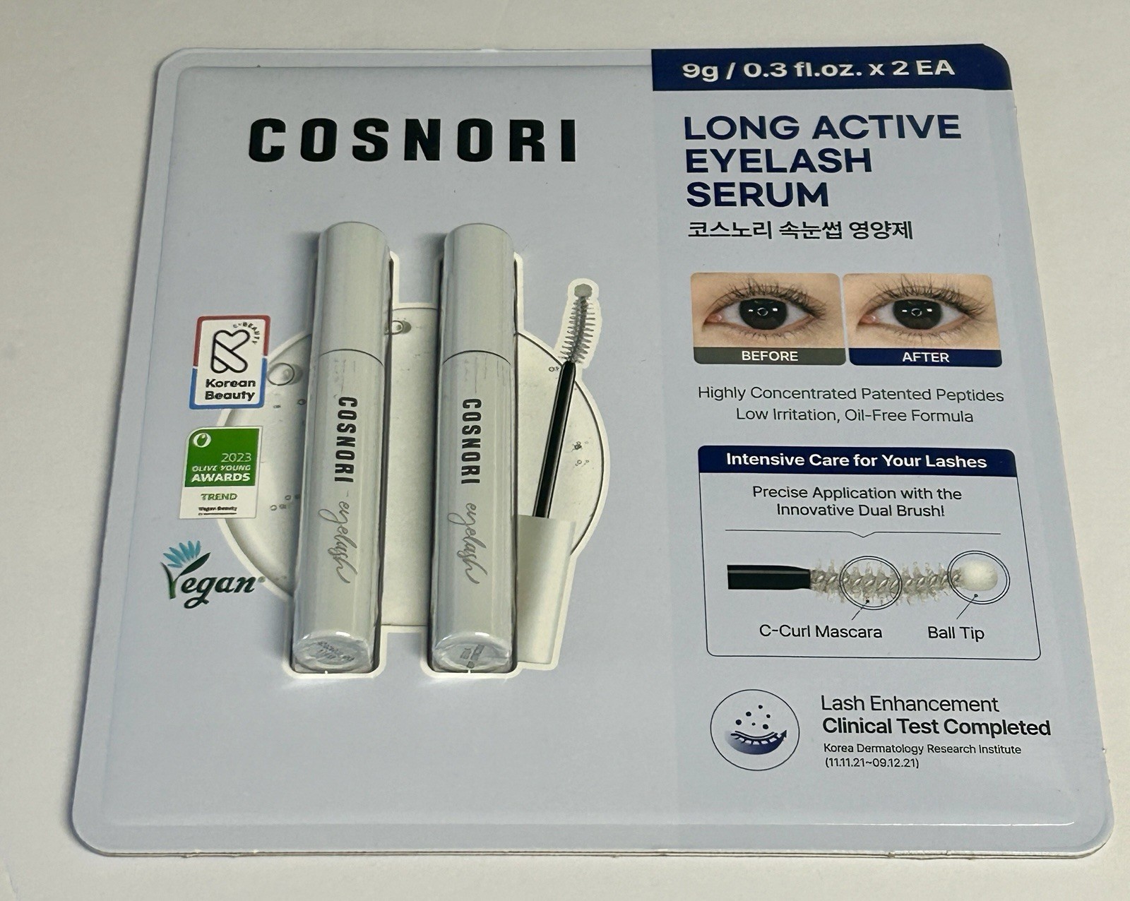 Cosnori Long Active Eyelash Serum, 9g x2, Vegan, Korean Lash Growth, Dual Brush
