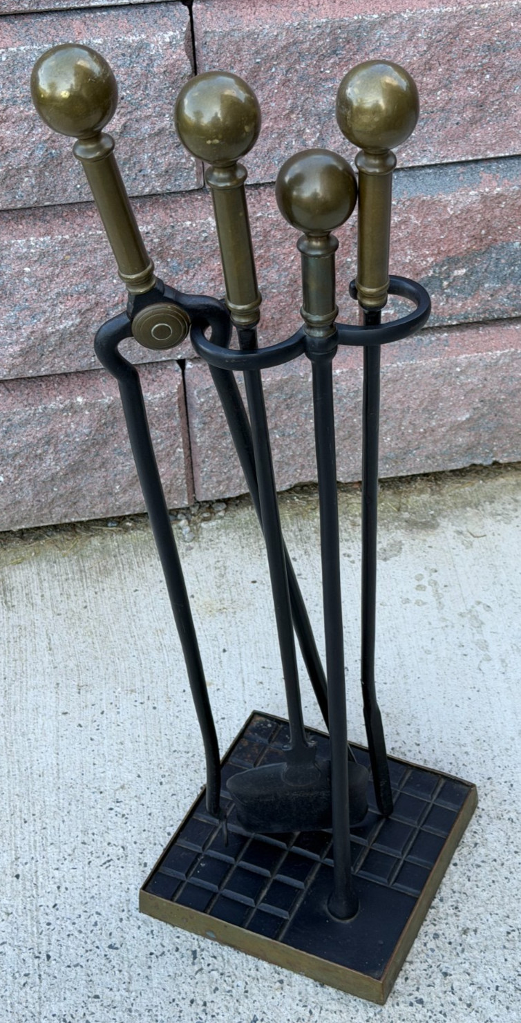 VTG Antique SOLID BRASS & IRON Fireplace Tool SET 4 - POKER SHOVEL TONGS STAND