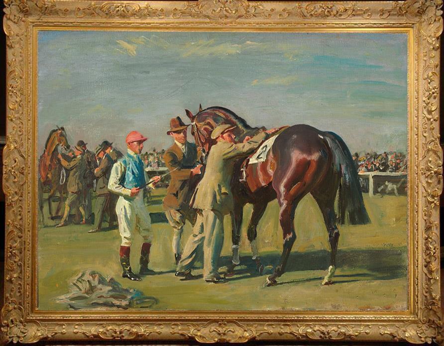 Old Master-Art Antique Oil Painting Park Meeting dark Bay Horse on canvas 30x40\