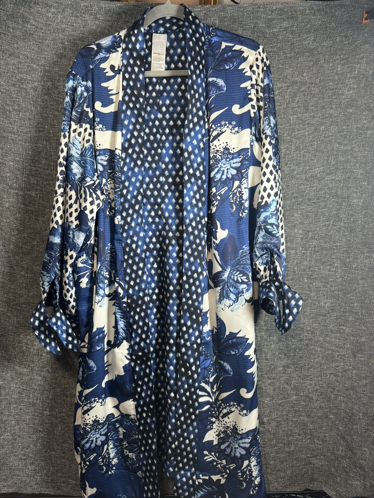 Chico\'s Blue Floral Polka Dot Satin Robe Lightweight 3/4 Sleeve Women\'s Size 3