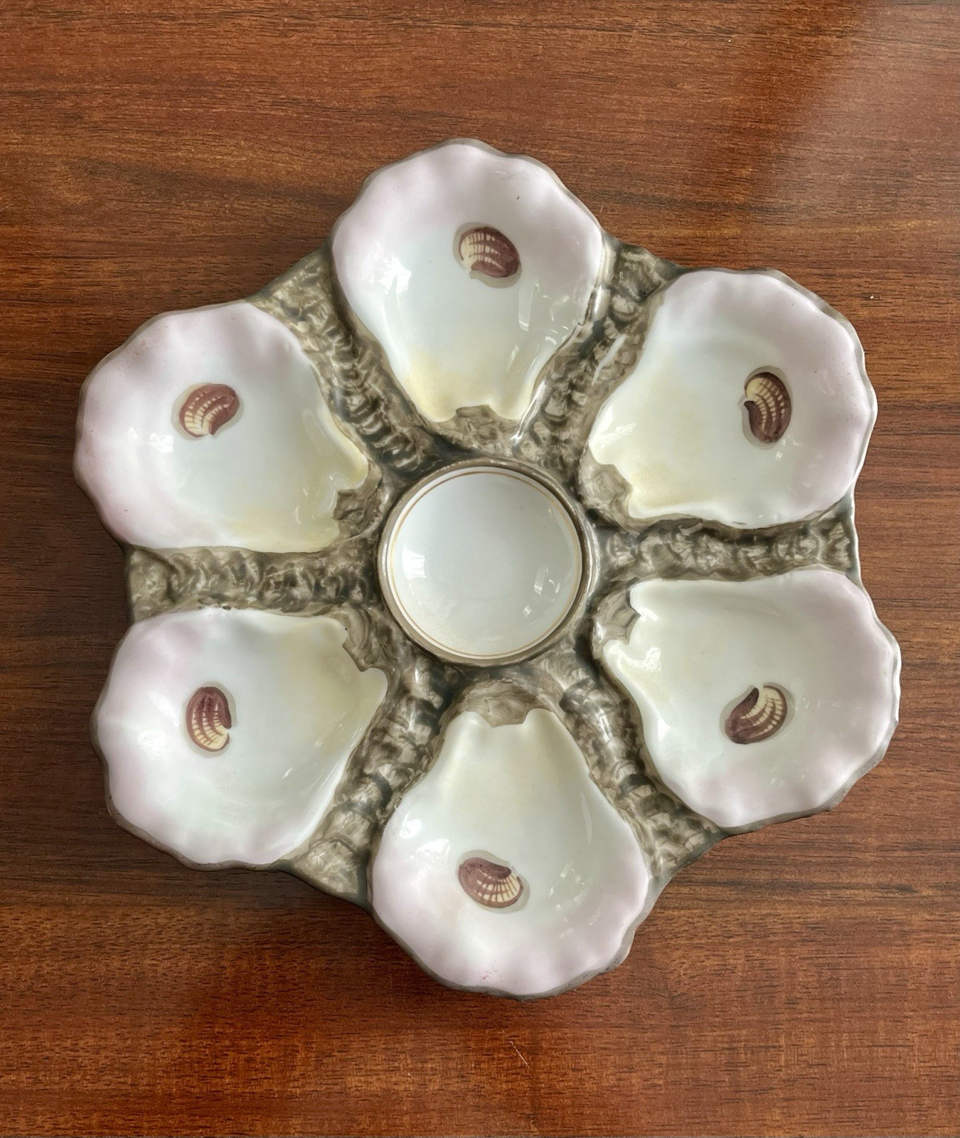 Antique 9” Hand Painted 6 Well Oyster Plate