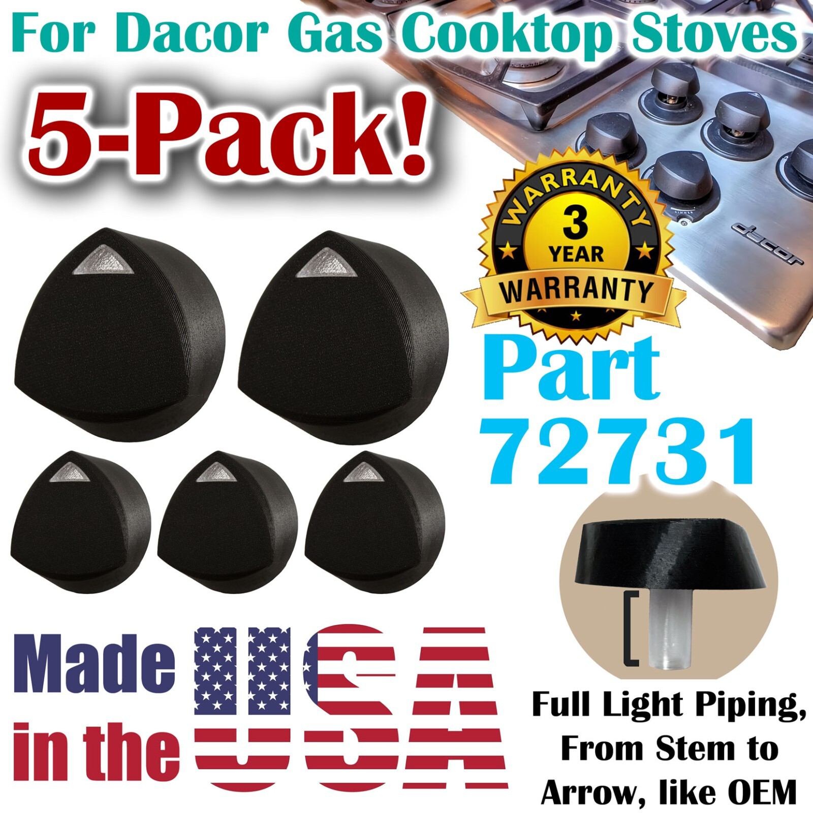 Five Pack of Knobs for Dacor 72731 with Light Piping for Gas Cooktop Stovetop 5x