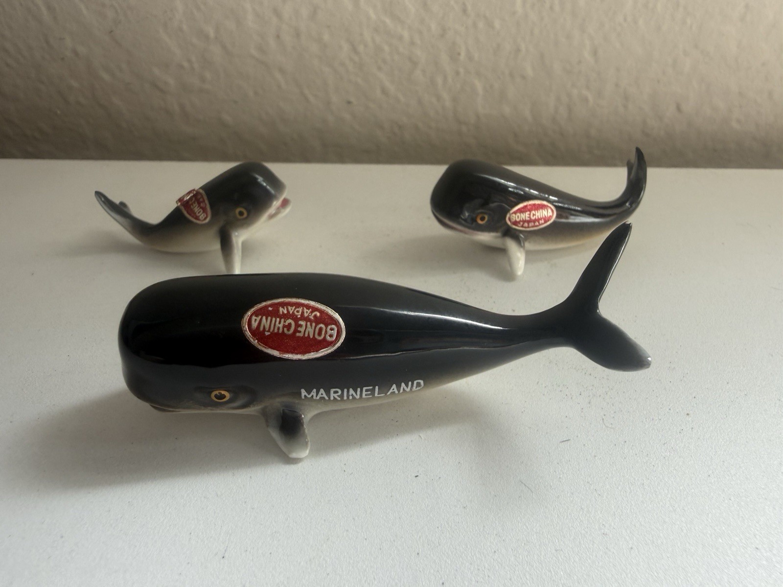 Vintage Marineland Whale Figurines Bone China Japan Lot of 3 Florida Souvenir