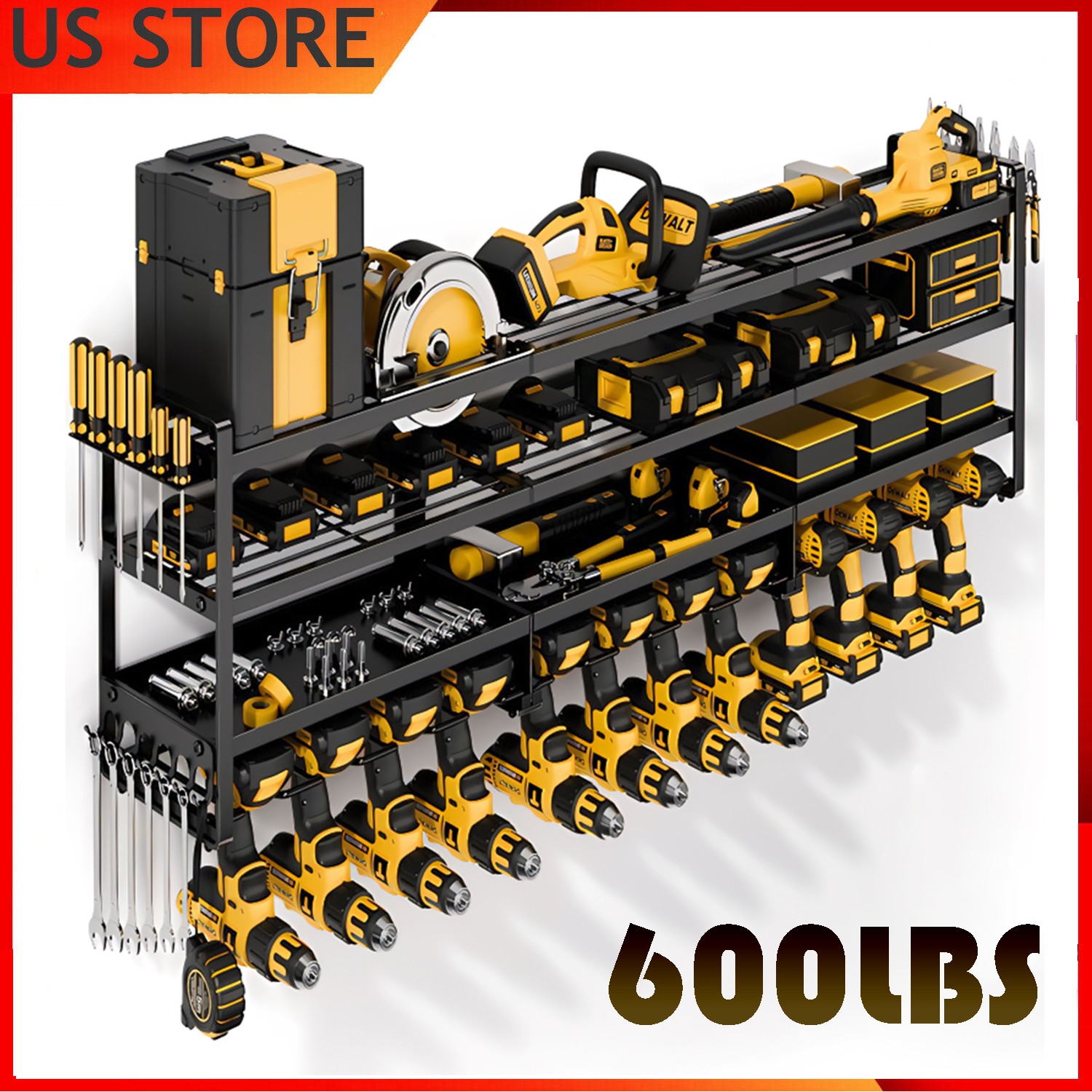 XXXL Power Tool Organizer Wall Mounted Extended Heavy Duty 4-Tier 12-Drill Rack