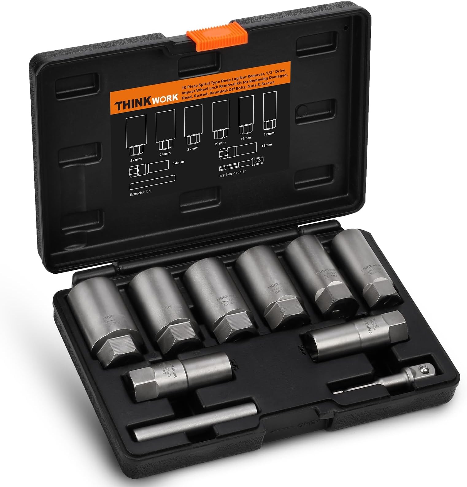 THINKWORK 1/2 Inch Drive Lug Nut Extractor Set, Large Sizes, 10pcs Wheel Lock...