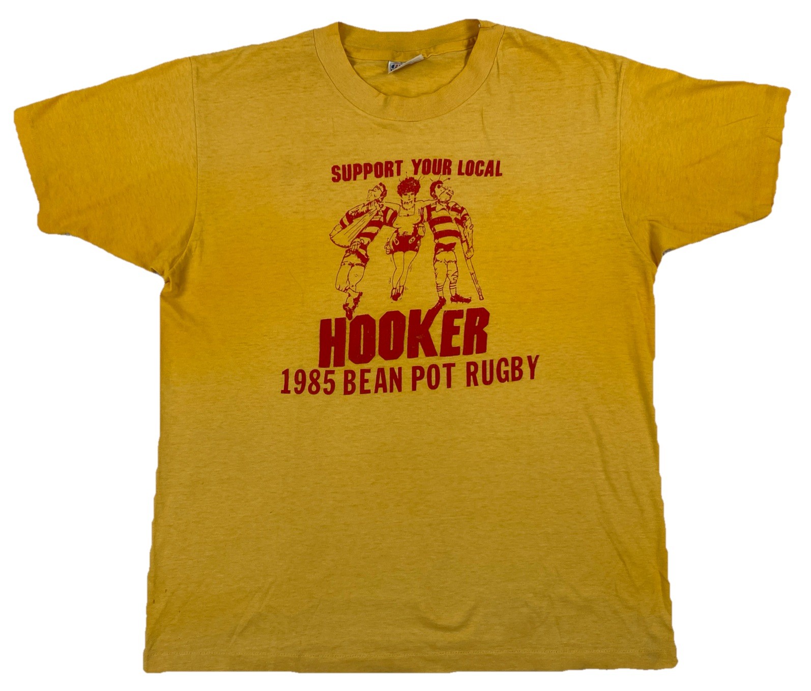 Vintage Support Your Local Hooker 1985 Bean Pot Rugby T-Shirt XL Distressed