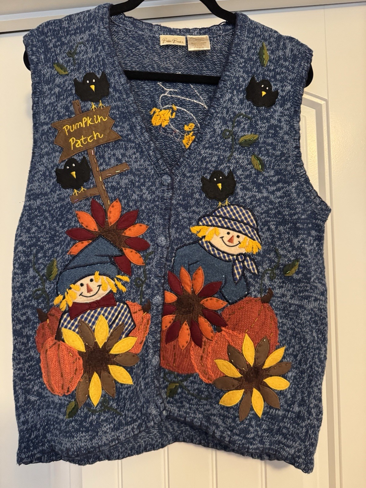 VTG Bobbie Brooks Fall Pumpkin Patch Scarecrow Sweater Vest Blue Knit Large L VTG Bobbie Brooks Fall Pumpkin Patch Scarecrow Sweater Vest Blue Knit Large L
