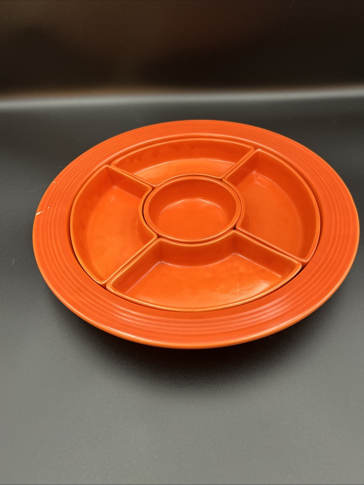 Vintage Fiesta HLC Relish Tray 6 Piece Radioactive Red Orange 1936-1942 Vintage Fiesta HLC Relish Tray 6 Piece Radioactive Red Orange 1936-1942