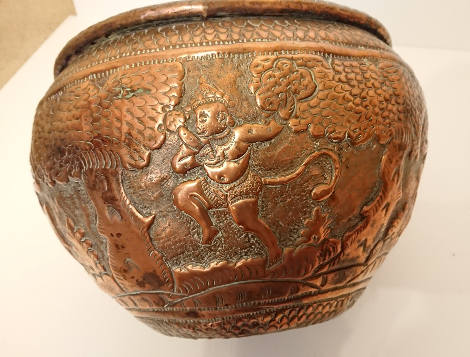 Antique Indian Copper Bowl Pot Jardiniere, Hand Made Hammered Copper Deep Relief Antique Indian Copper Bowl Pot Jardiniere, Hand Made Hammered Copper Deep Relief