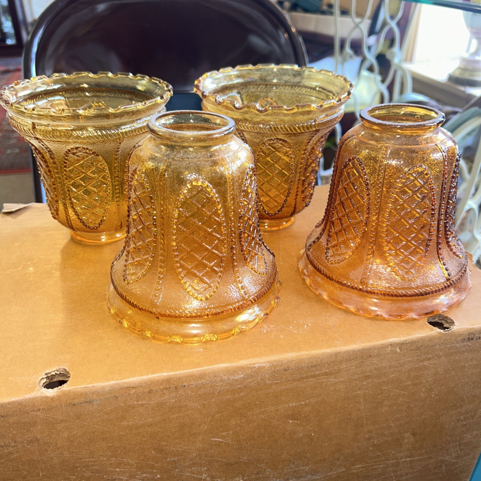 4-VINTAGE AMBER TEXTURED PRESSED GLASS DIAMOND DOT PINECONE PENDANT LAMP SHADES