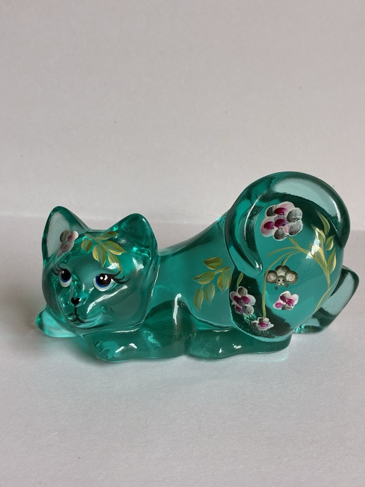 RARE-Fenton Art Glass Crouching Cat-Turquoise Blue Green-QVC “HIDDEN MOUSE” HTF RARE-Fenton Art Glass Crouching Cat-Turquoise Blue Green-QVC “HIDDEN MOUSE” HTF