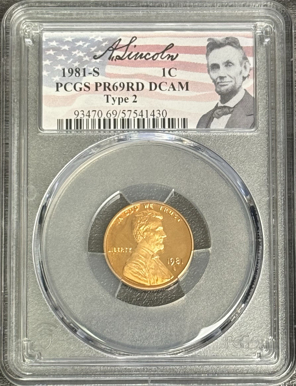 1981 S Type 2 Proof Lincoln Cent PCGS PR69RD DCAM, Portrait Label