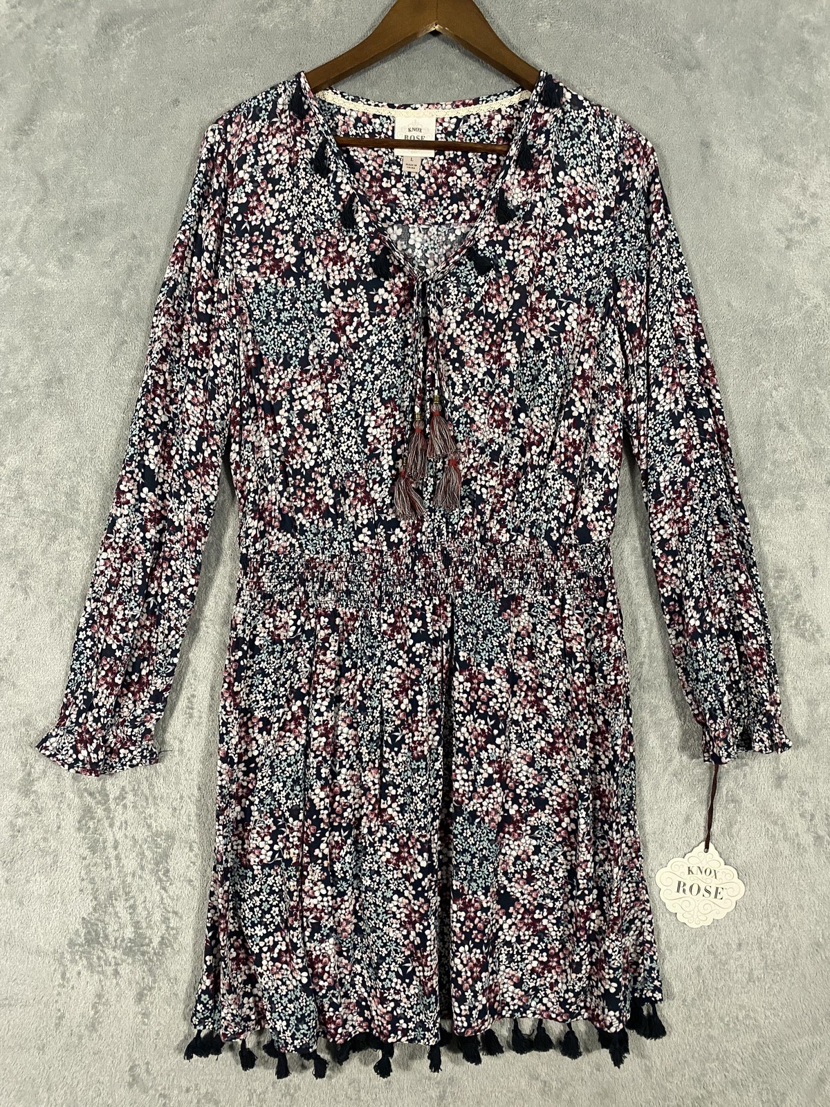 NWT Knox Rose Dress Sz L Blue Floral Tassel Hem Boho Long Sleeve Peasant Cottage