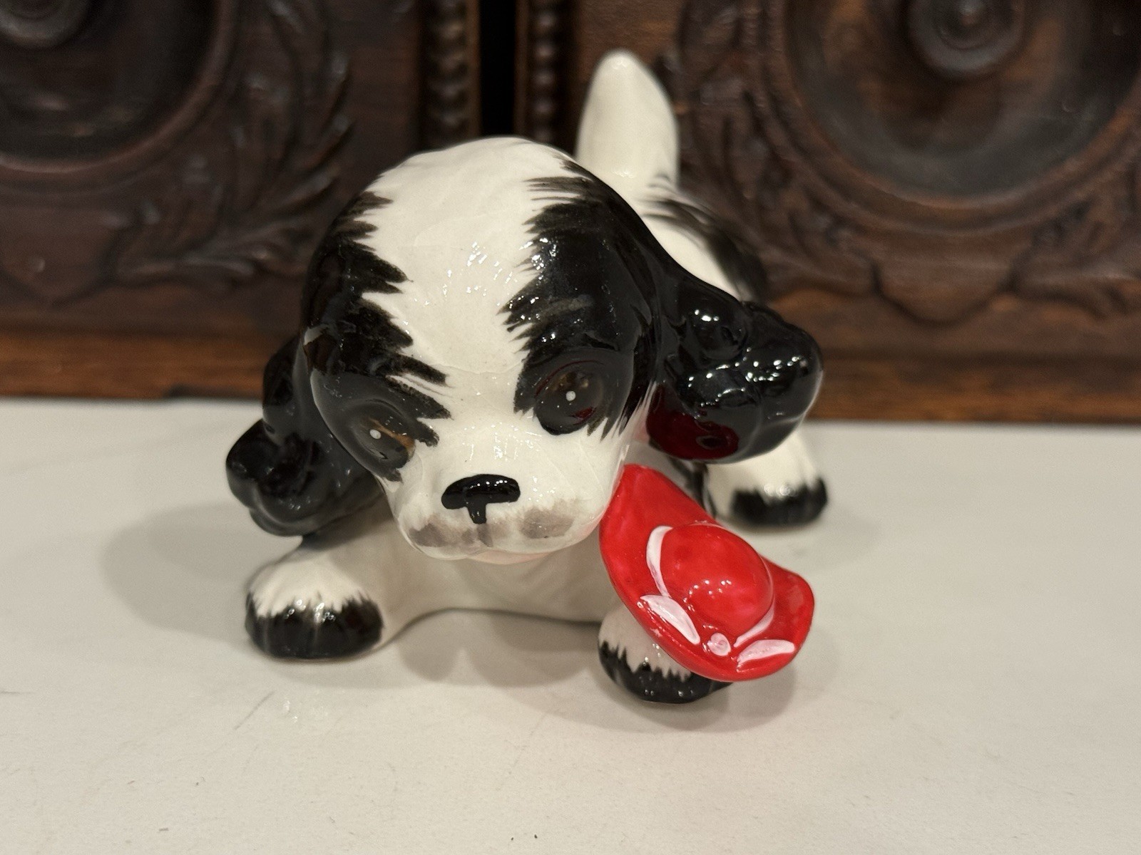 Vintage Mid Century Kitsch Ceramic Black and White Dog, Cavalier, Red Hat *Japan