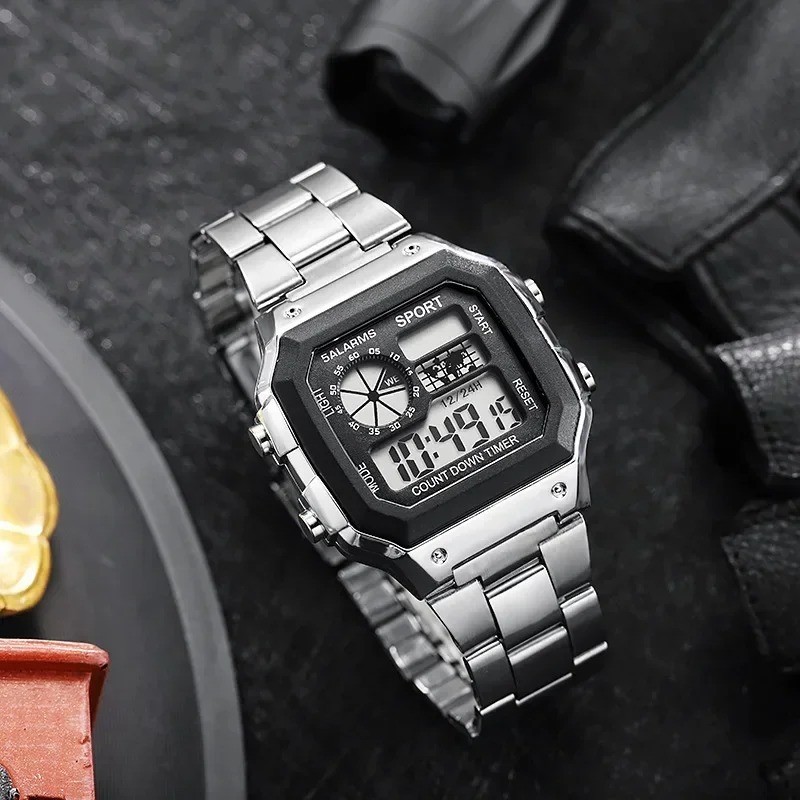 YIKAZE Luxury Stainless Steel Sport Watch Men Digital LED Military Waterproof