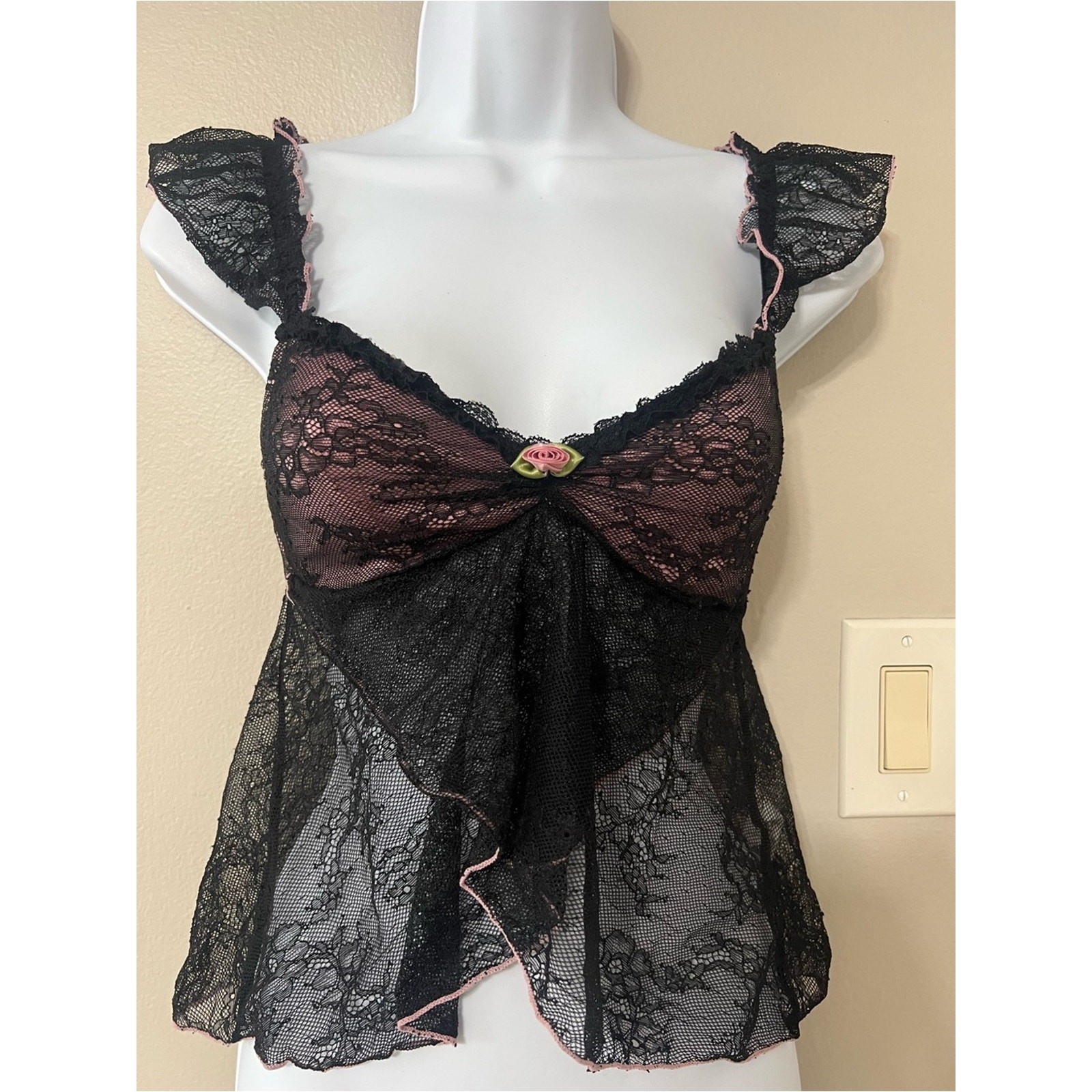 Delia’s Y2K Black Pink Lace Babydoll Top XS Coquette Fairy Grunge