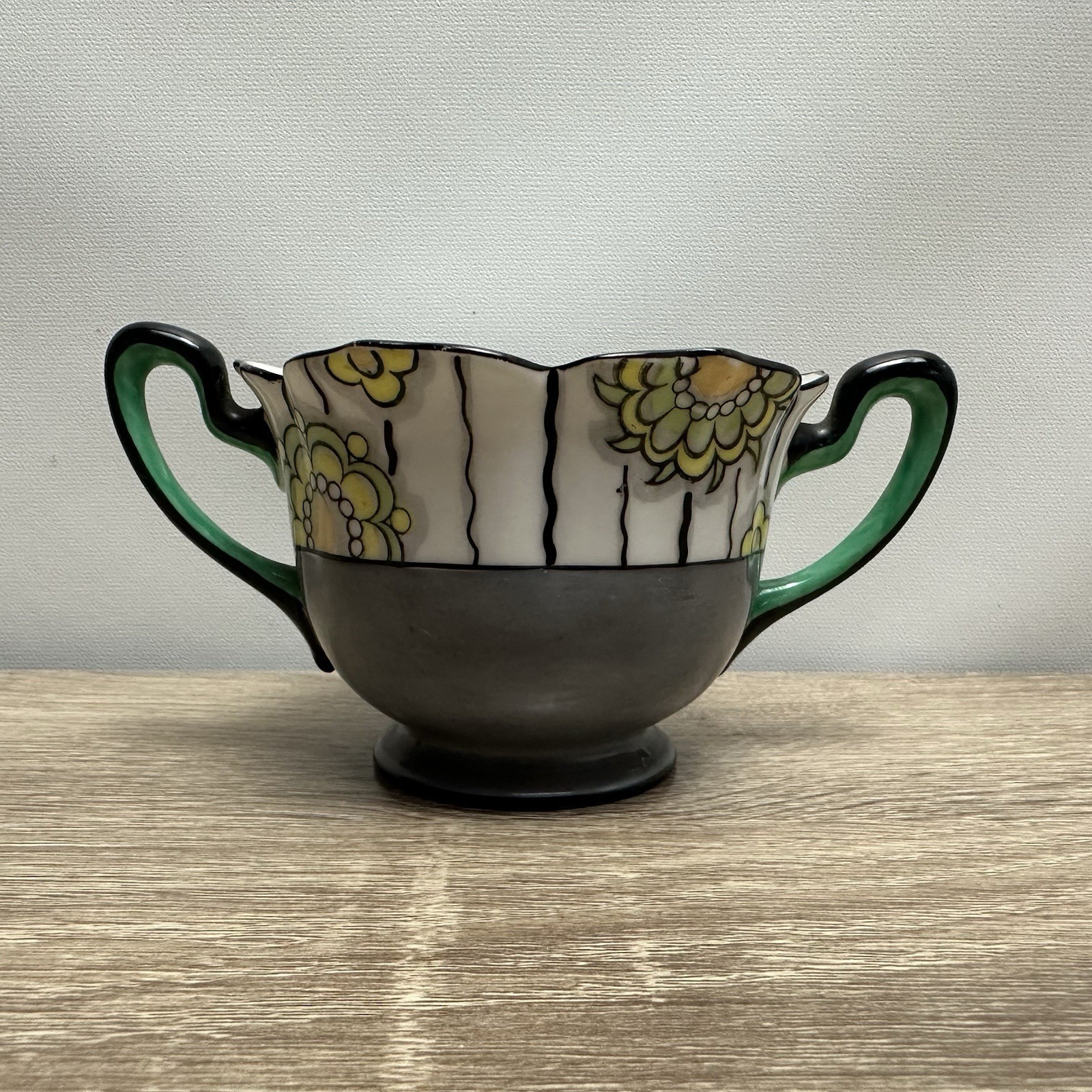 Vintage Noritake Art Deco Hand Painted Sugar Bowl Green Handles Japan Luster
