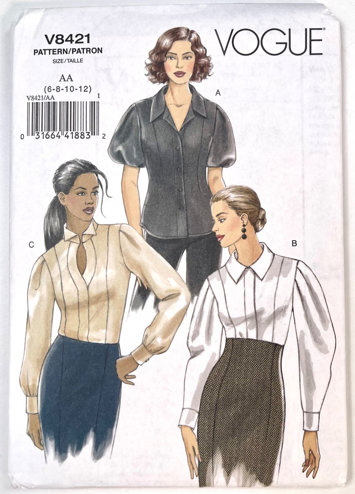 Vogue 8421.  Blouses w/ Statement Sleeves. Sz. 6 - 12. UNCUT, FACTORY FOLDED