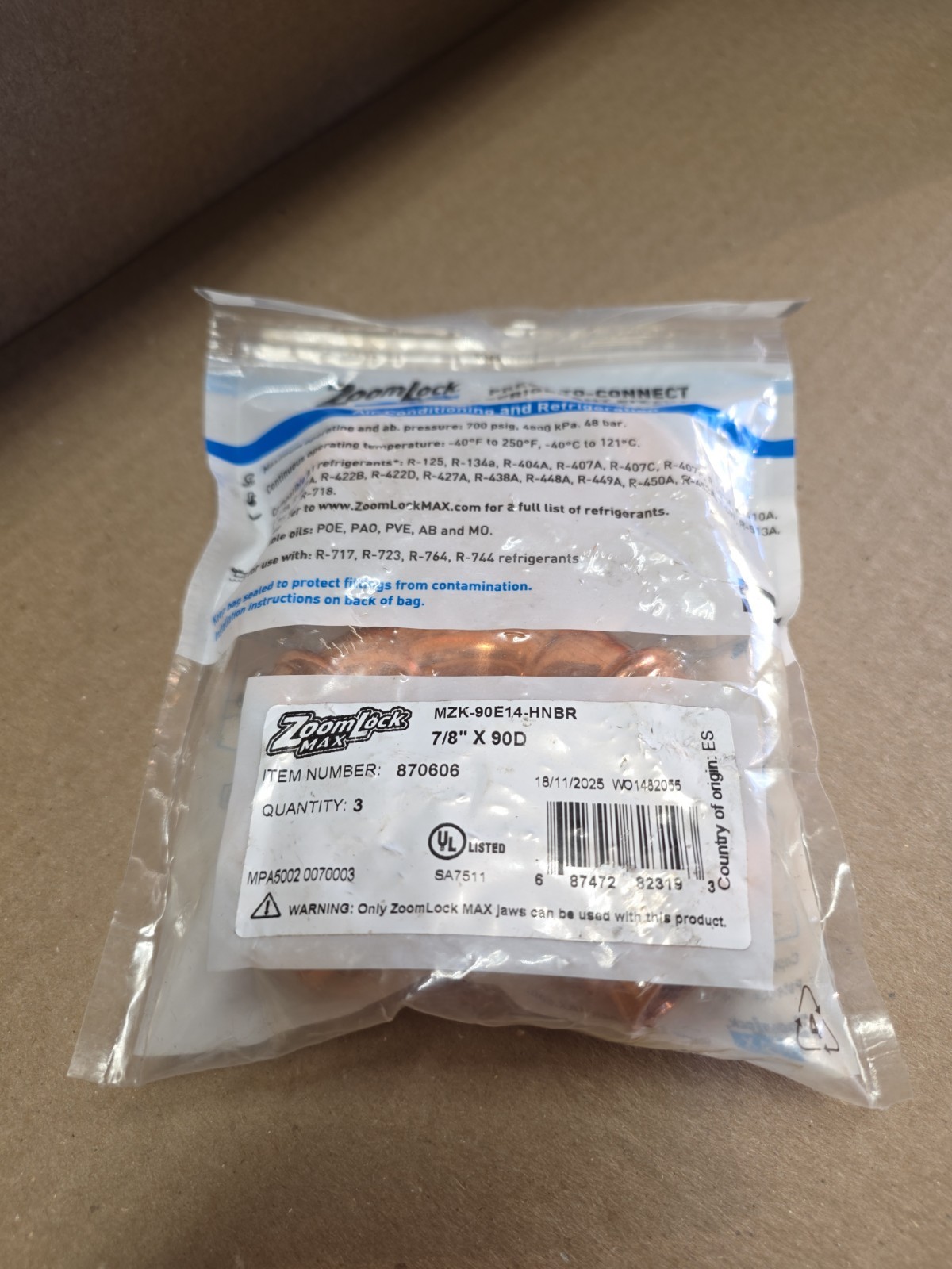 Parker ZoomLock MAX 870606 Refrigerant Press Fittings 7/8\ Parker ZoomLock MAX 870606 Refrigerant Press Fittings 7/8\