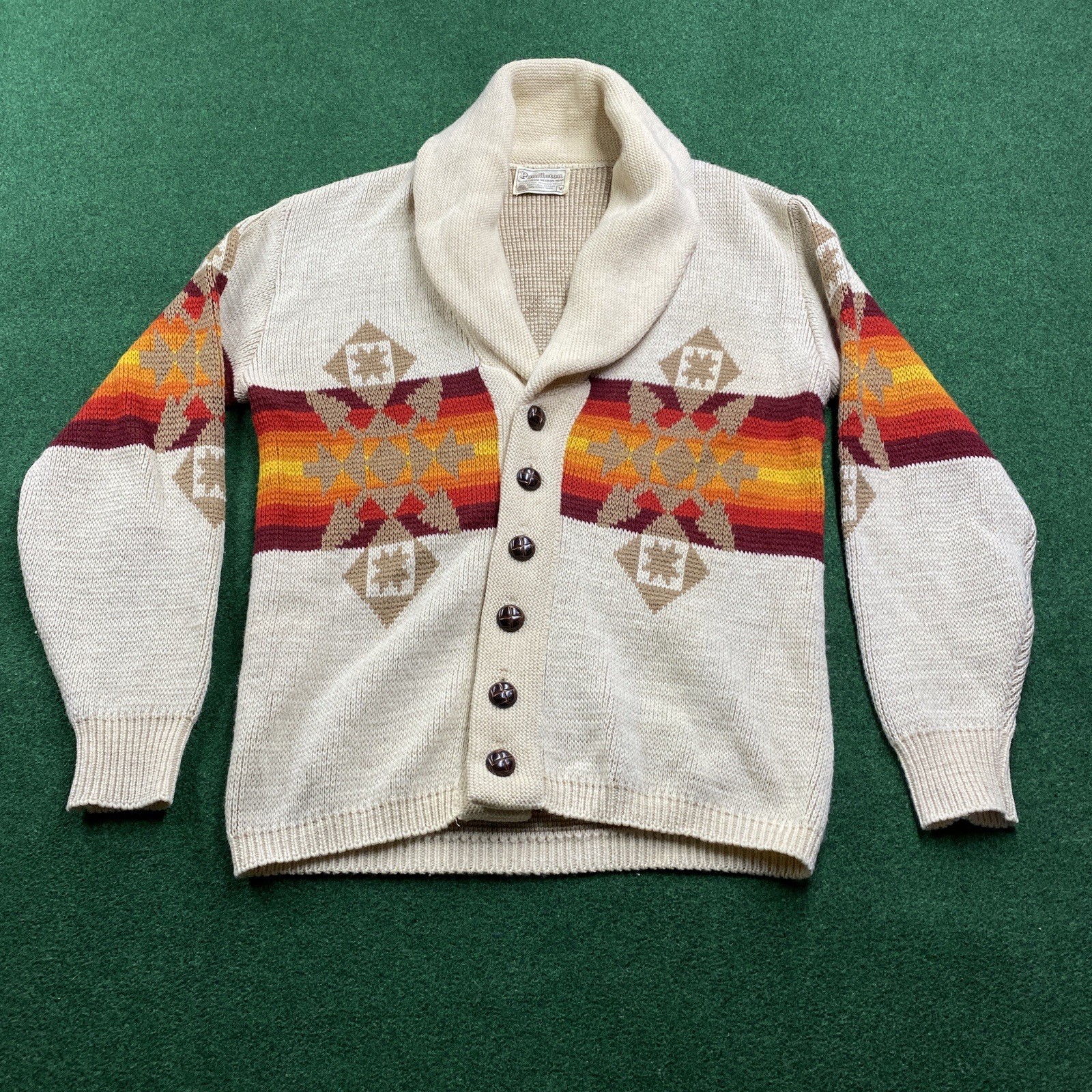 Vintage 70S Pendleton Sweater Mens M Beige Navajo Aztec Wool Shawl Cardigan USA