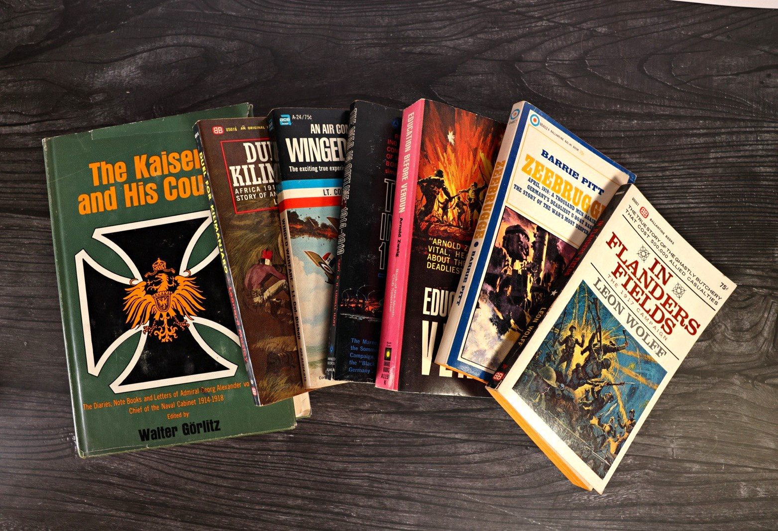 8 Vintage WWI Book Lot Winged Warfare Battleground Kaiser Zeebrugge Verdun
