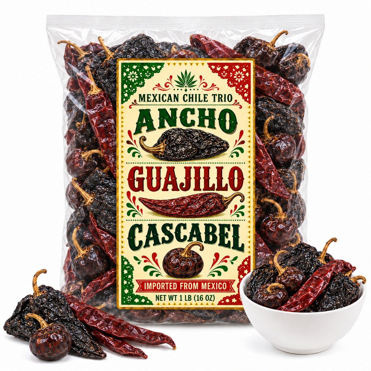 1LB Mixed 3 Chillis Ancho Guajillo Cascabel Mexican Chile Trio 1 LB 16 OZ Import 1LB Mixed 3 Chillis Ancho Guajillo Cascabel Mexican Chile Trio 1 LB 16 OZ Import