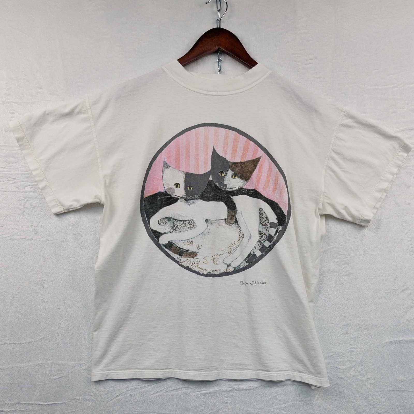 VTG Rosina Wachtmeister T-Shirt Men\'s XL White Two Cats Art Graphic Boxy Fit 90s
