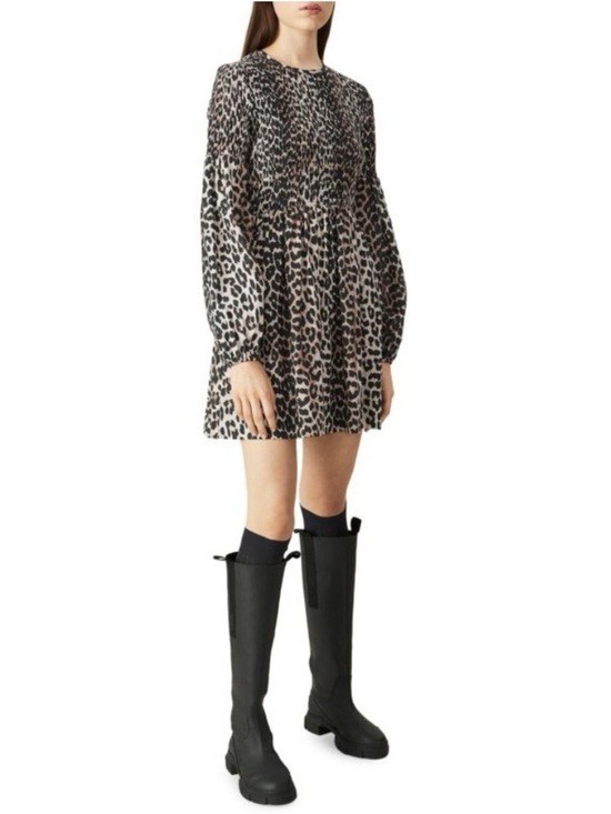 NWT Ganni Leopard Print Mini Dress Long Sleeve Smocked Animal Sz 42