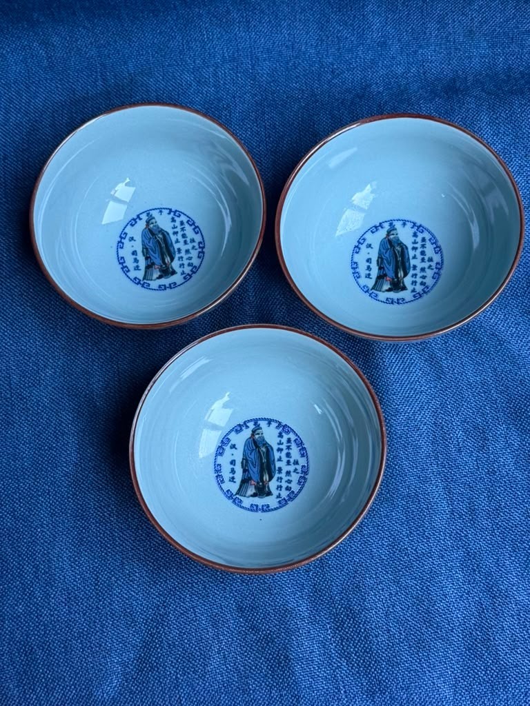 Set of 3 Chinese Blue and White Porcelain Tea Bowls Chinese Scholar Signed 4.5\