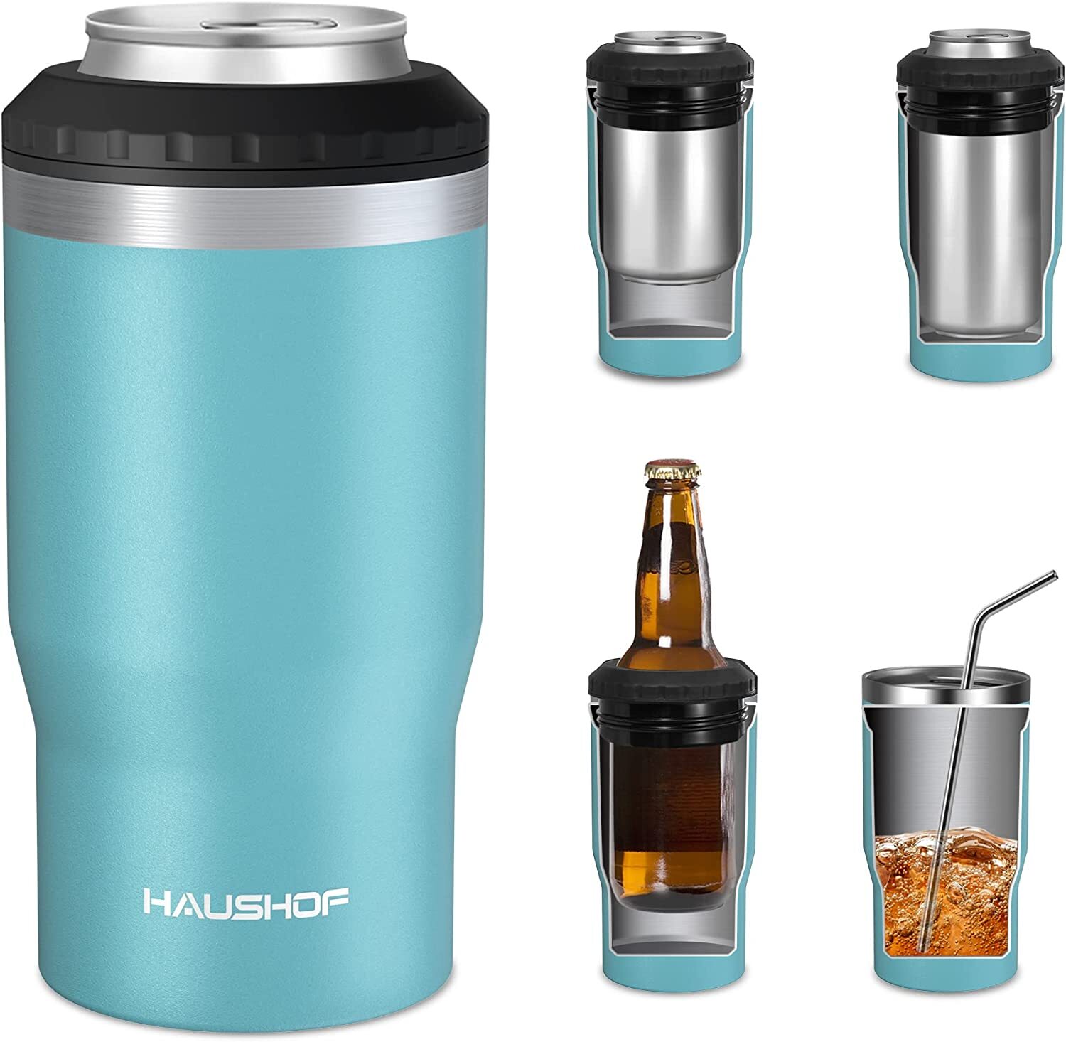 HAUSHOF 12 oz Can Cooler 4 in 1 Double Walled Can Insulator Stainless Steel Cans