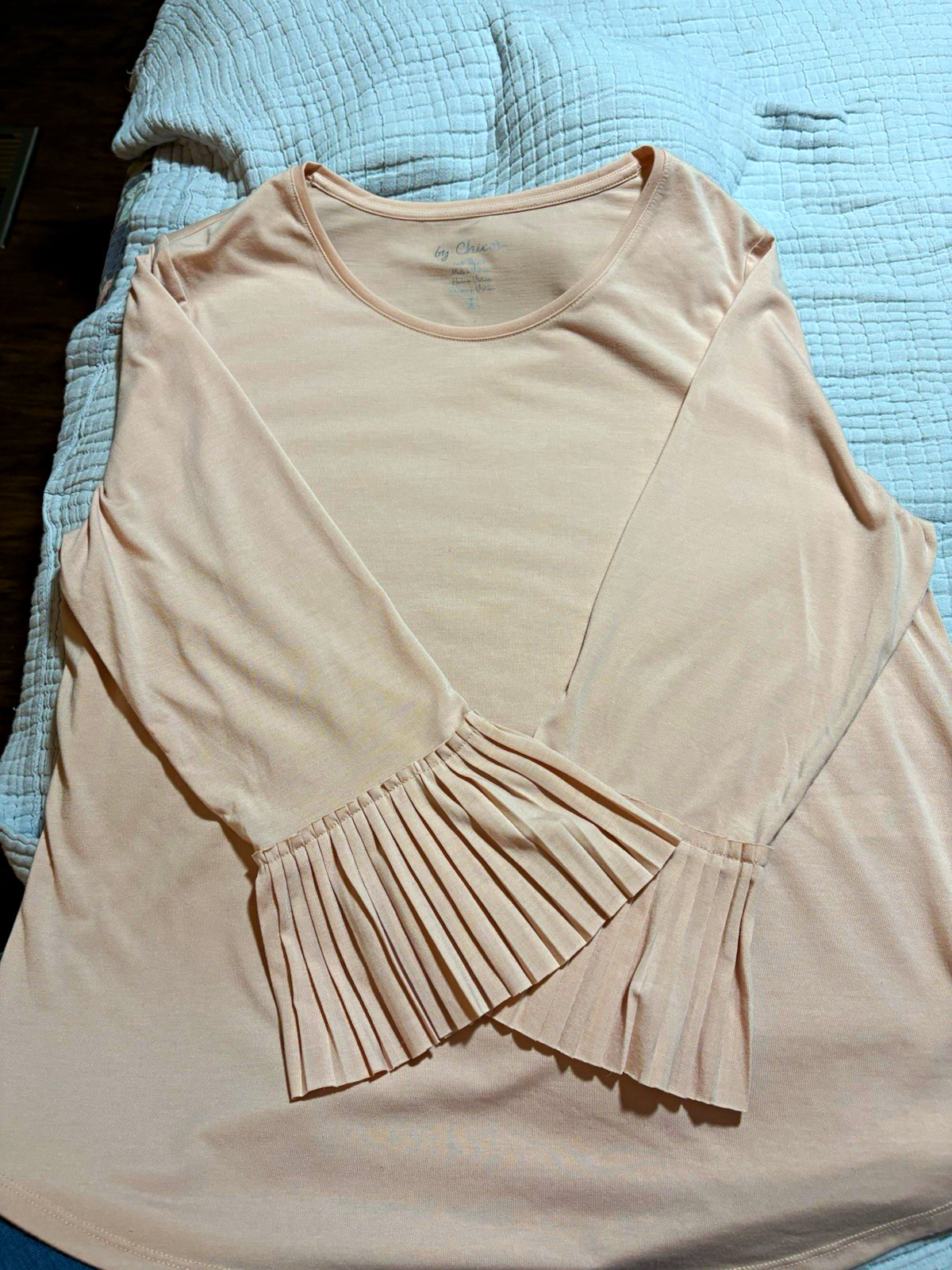 Chico\'s Women\'s Beige Pleated Scoop Neck Long Sleeve Knit Top Size 2