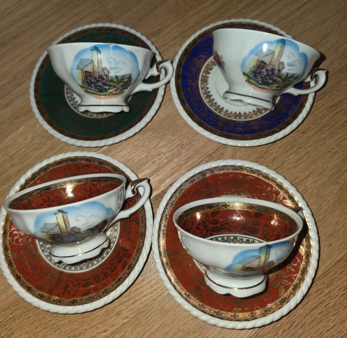 4 RW Rudolf Waechter handpainted demitasse floral with Bermuda Cottage motif