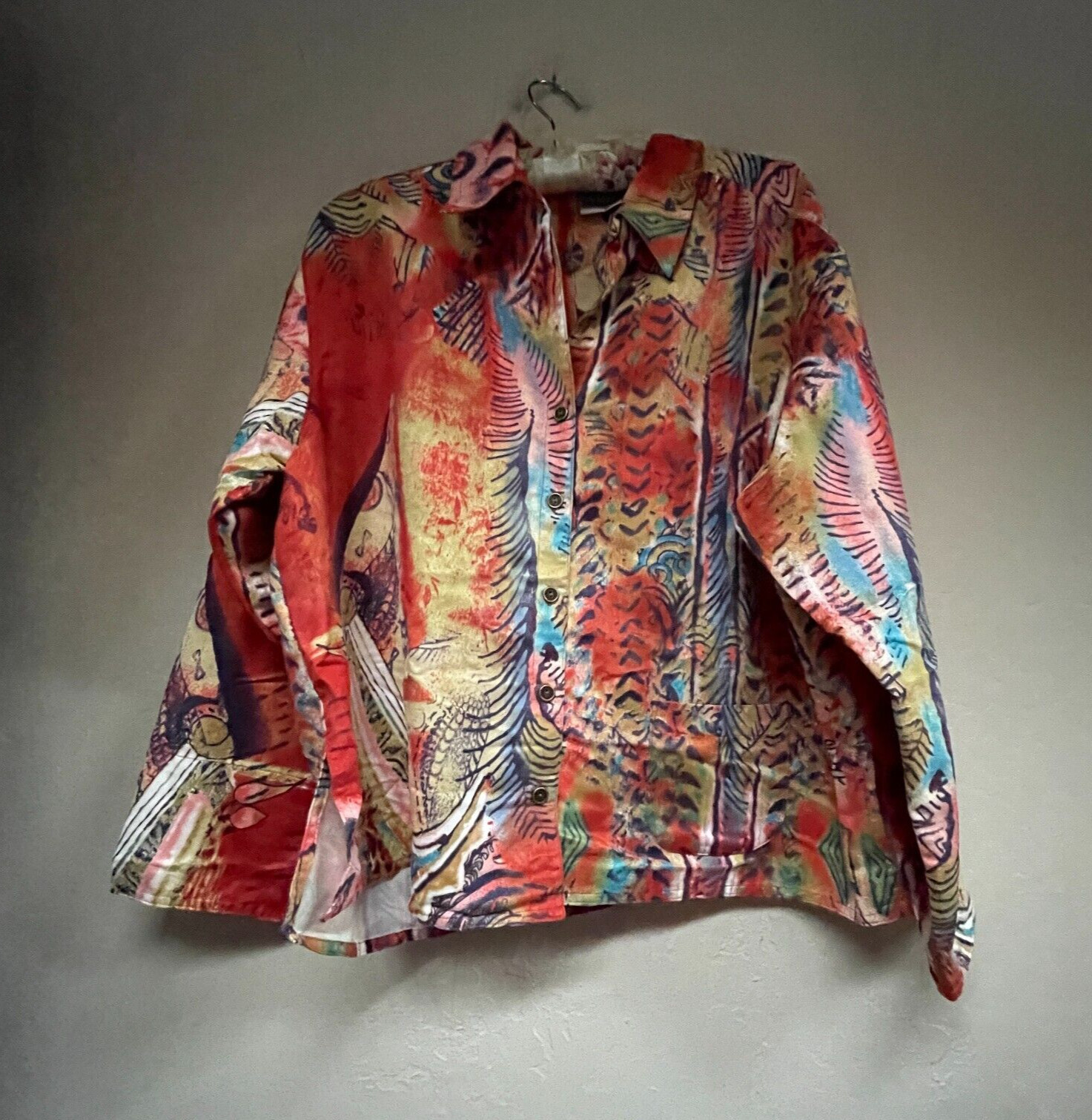 Chico’s Womens Abstract Print Spring Lightweight Shirt Jacket Size 3 Multicolor
