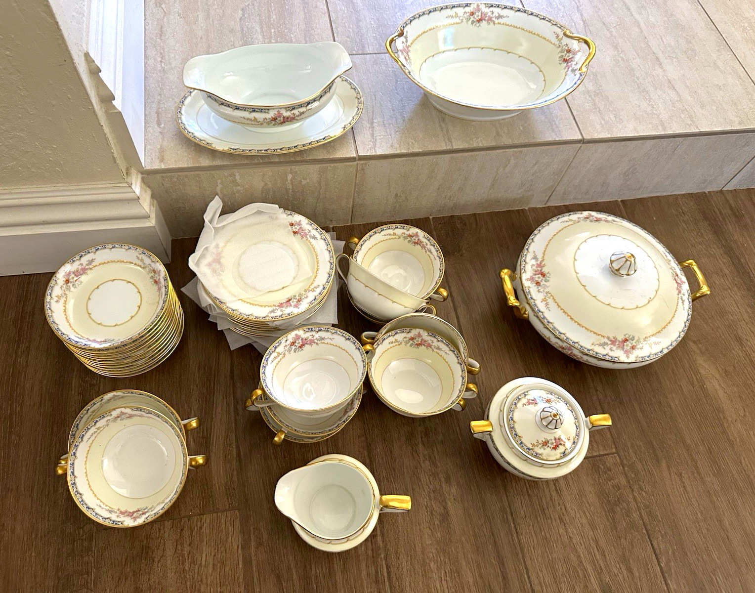 Vintage Noritake M Japan Tea Set 12 Cups Saucers Floral Cobalt Gold Serving Piec
