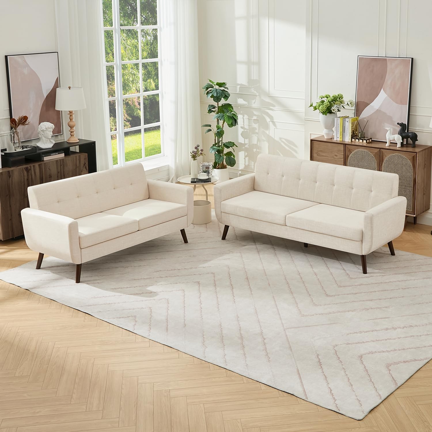 Mid Century Modern Sofa Couch, Beige, Loveseat & Standard Sofa