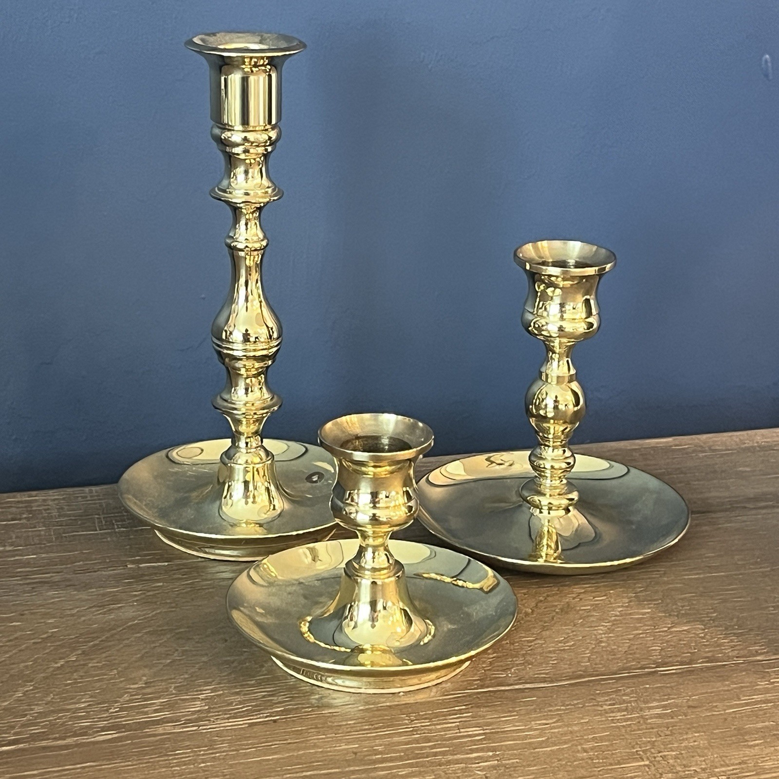 Vtg Baldwin Solid Brass Candlesticks Set Of 3 Holiday Modern Heritage 7, 4, 2.5” Vtg Baldwin Solid Brass Candlesticks Set Of 3 Holiday Modern Heritage 7, 4, 2.5”