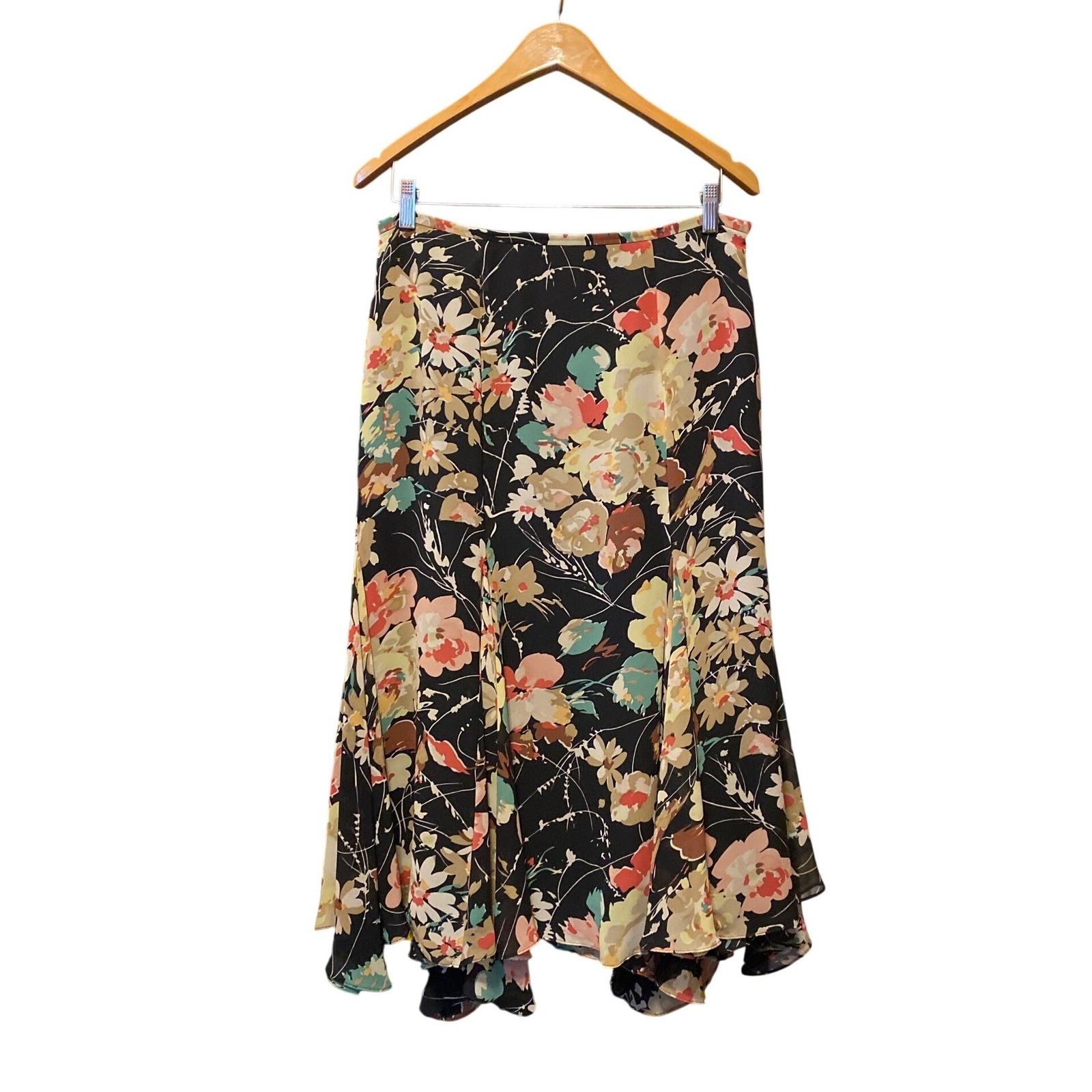 Y2K Vintage Midi Skirt Floral Godet Flare Asymmetrical Black 10 Boho Romantic