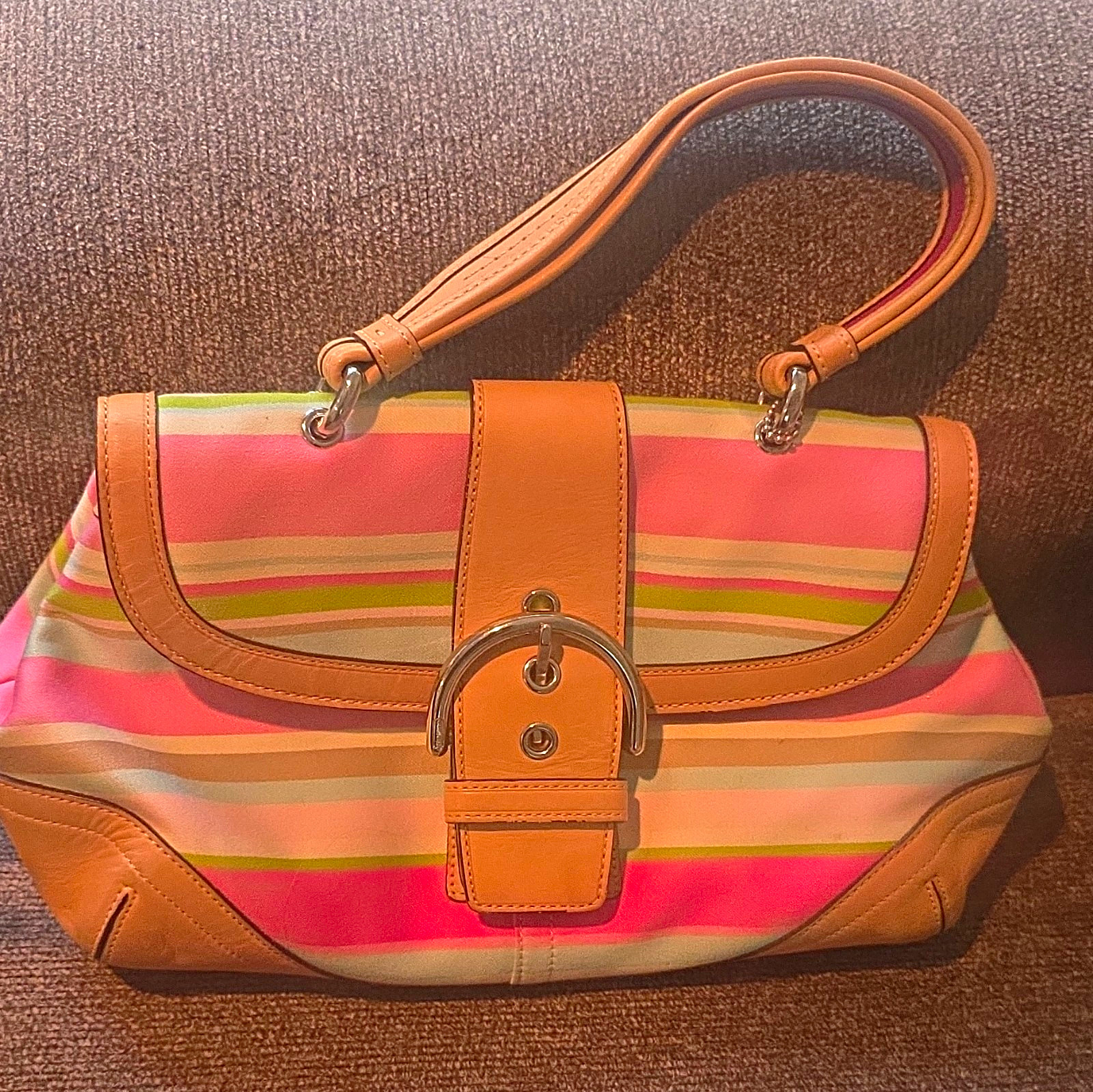 Vintage Y2K Coach Soho Pink Stripe Canvas Shoulder Bag Tan Leather Trim Vintage Y2K Coach Soho Pink Stripe Canvas Shoulder Bag Tan Leather Trim