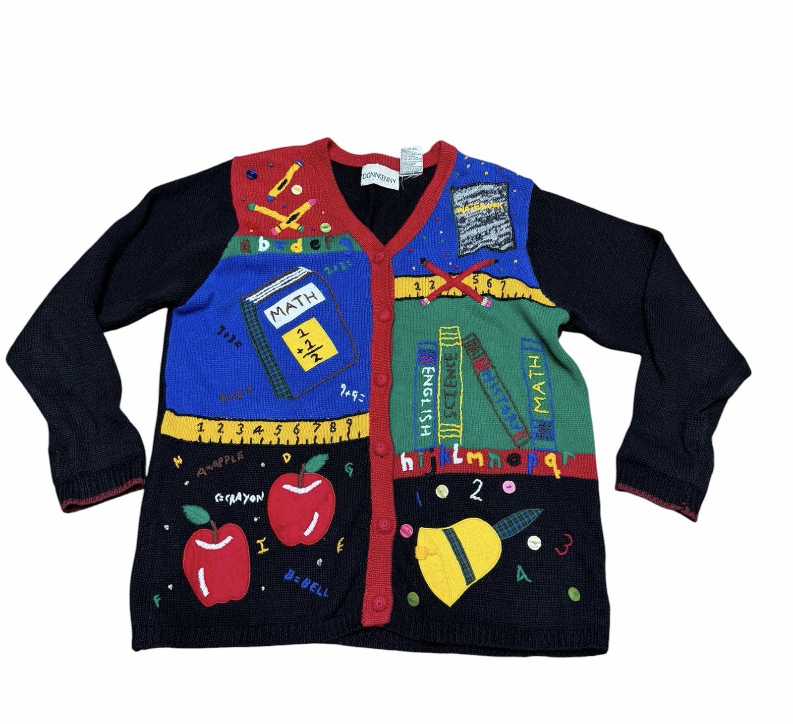 Donnkenny Classics School Teacher Novelty Cardigan Sweater Medium Vintage 