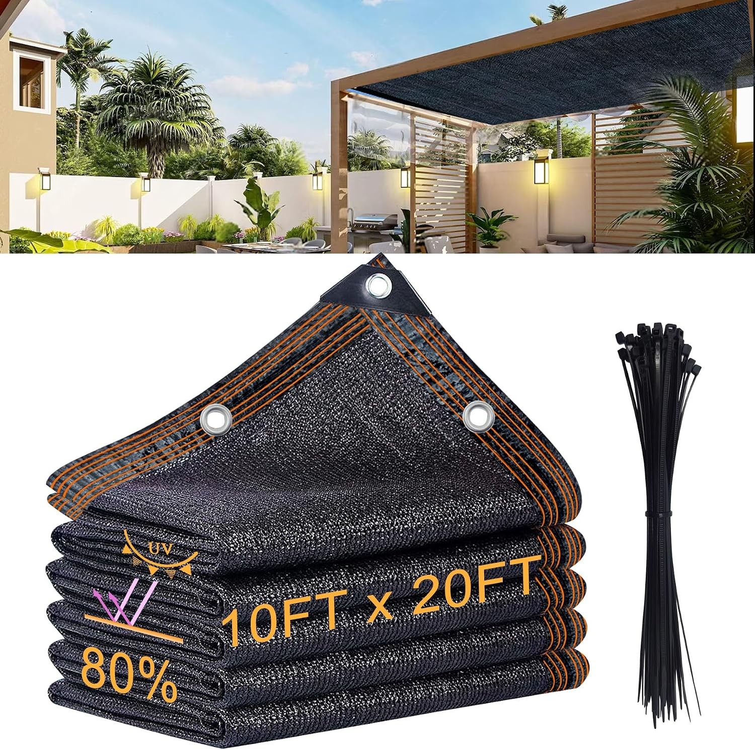Lianxuia 10x 20ft Garden Shade Cloth, 80% Black Mesh Tarp with Reinforced Gro...