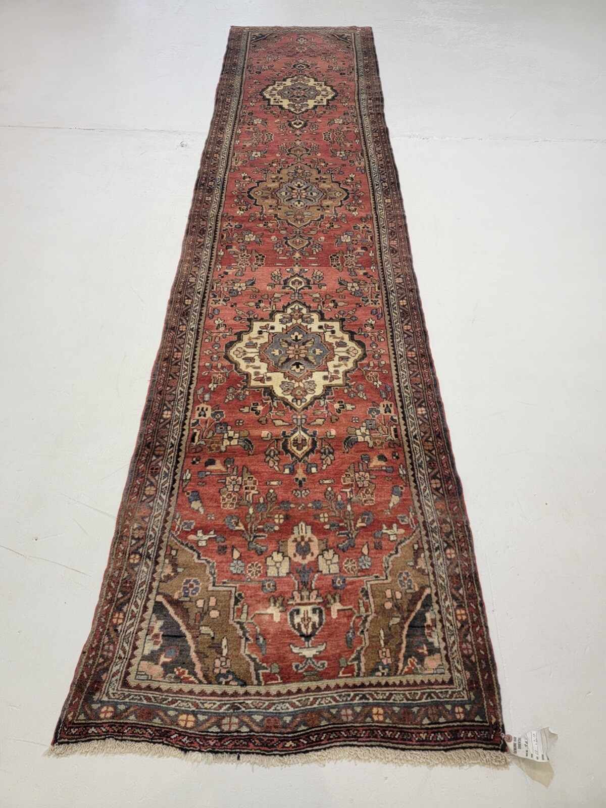 Antique Oriental Hand-Knotted Wool Runner Red/Ivory/Blue 2'10