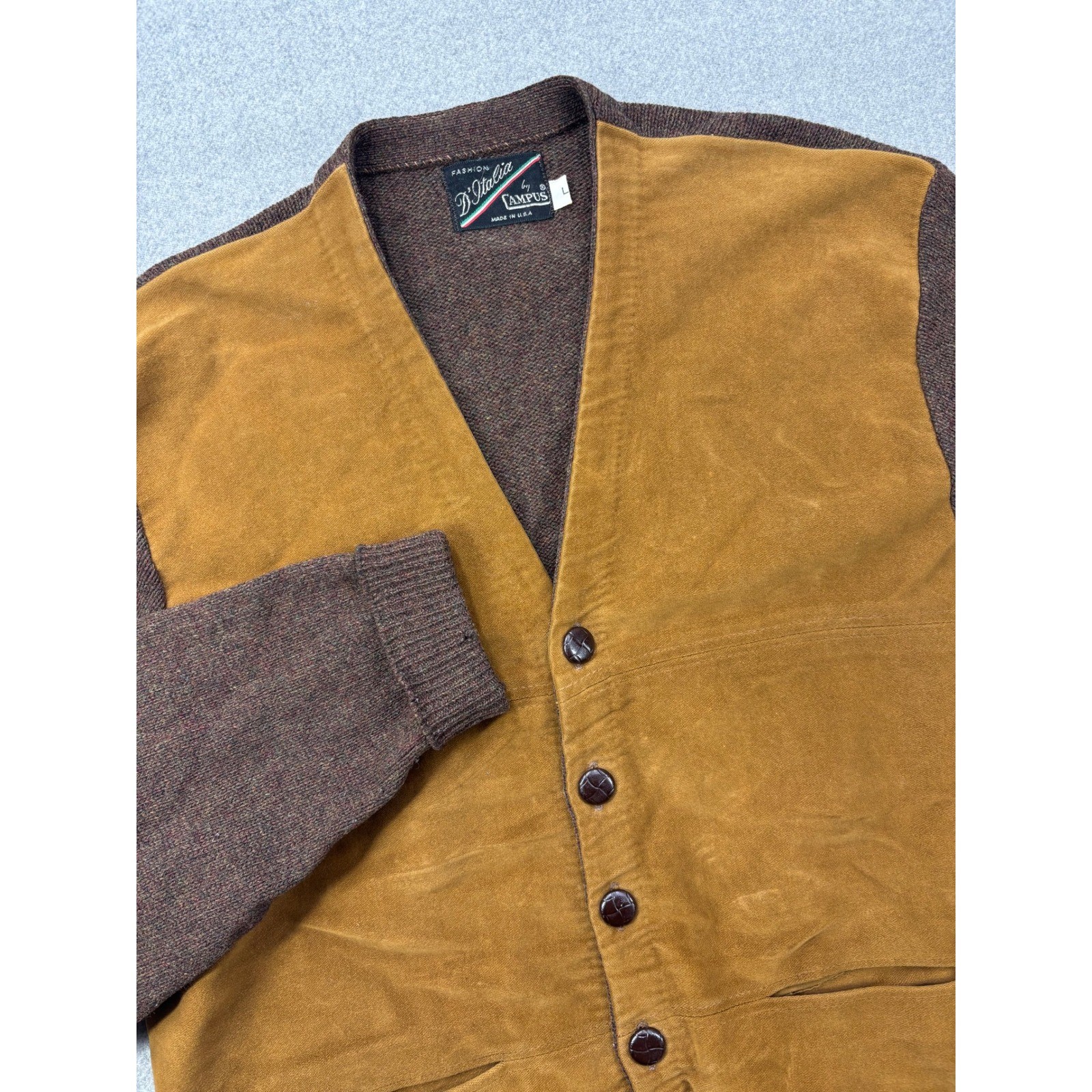 Vintage 60s Campus D\'Italia Moleskin Front Wool Knit Cardigan Jacket USA Mens L