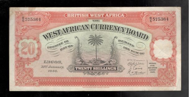 British West Africa, 1946, 20/Shillings, P-8b, CRISP VF+/aEF