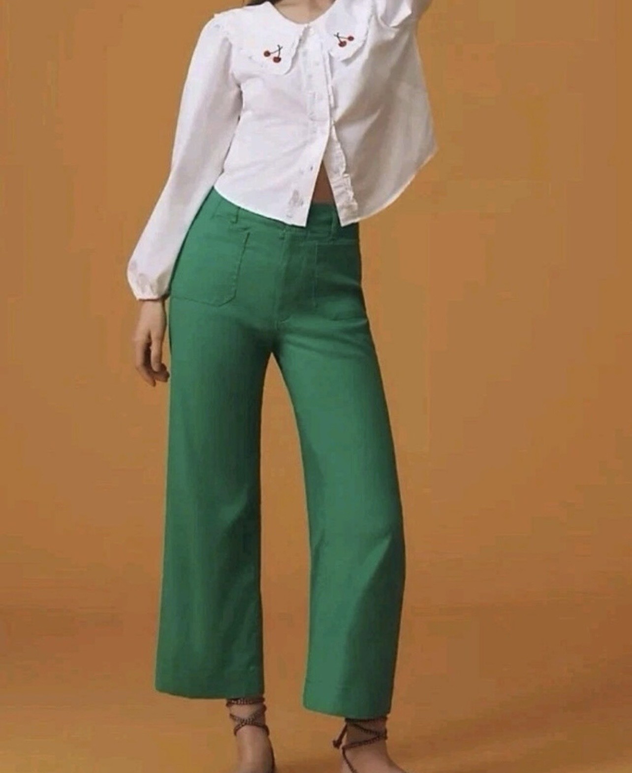 NWT Maeve The Colette Green Linen-Blend Wide Leg Cropped Pants