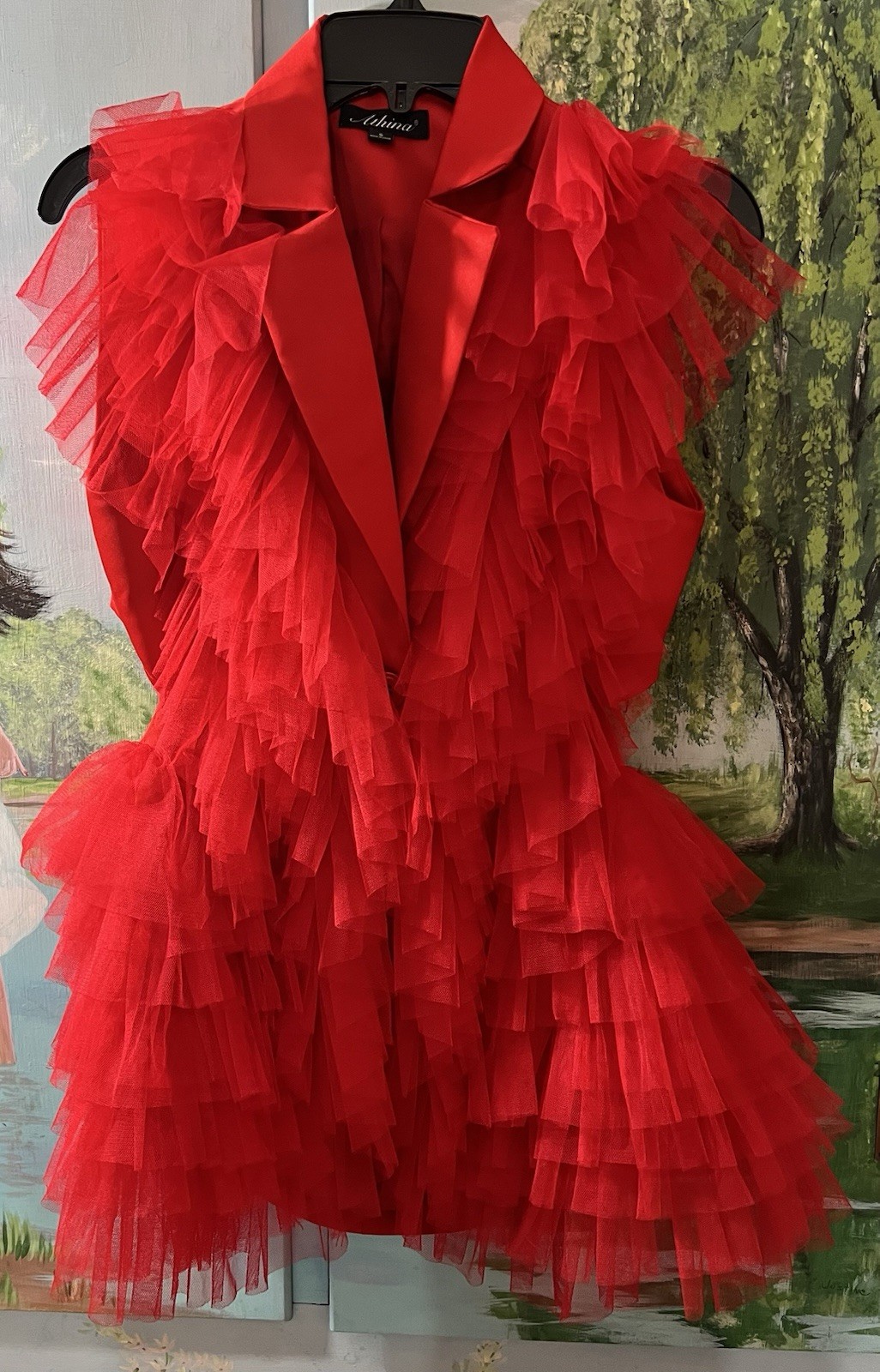 Athina Women’s Red Ruffled Tulle Blazer Vest Or Short Dress Tuxedo